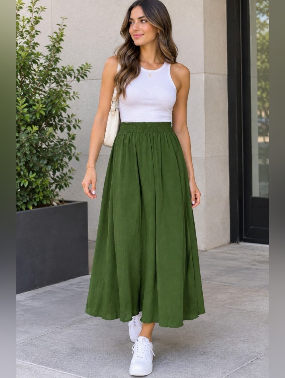 Olive Green Vintage Maxi Skirt with Smocked Waist
